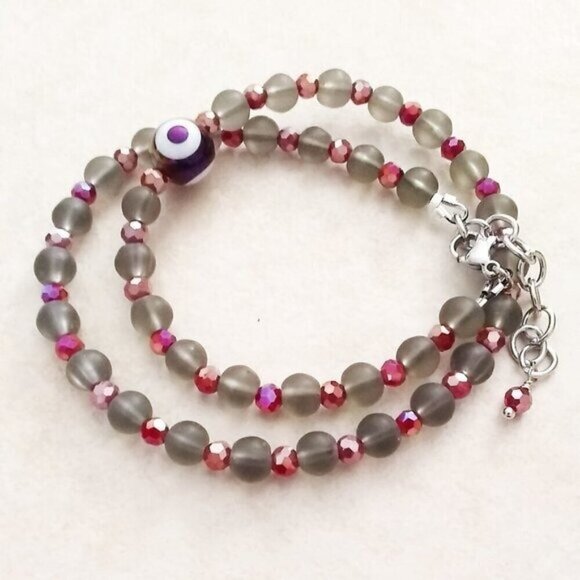 Vibrant Wrap Bracelet + Earring Set ~ Evil Eye ~ Frosted Gray & Sparkling Pink - Picture 7 of 10